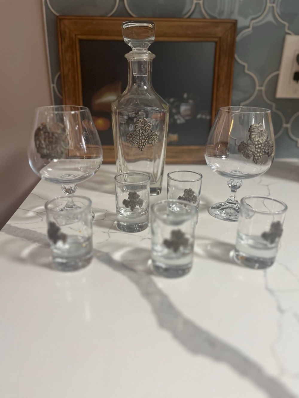 Portuguese Crystal Decanter and Glassware Set with Pewter Grape Emblems